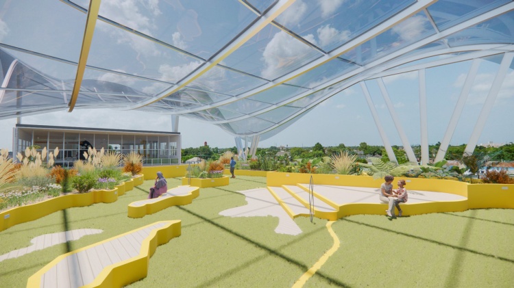 A rendering of the rooftop garden at the Crescent Wetlands Museum.
