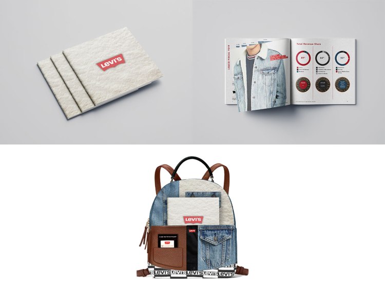 Levis Annual Report cover and inside pages along with matching backpack.