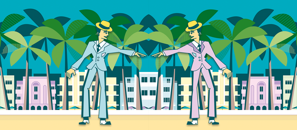 Illustration depicts two mirrored men, one with a baby blue suit and one with a pink suit and top hats on a beach in front of palm trees and colorful beach condos.