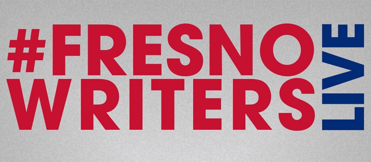 Gray background with red text that reads, "# Fresno Writers" and blue text, "Live."