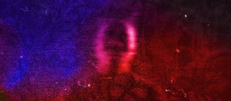 A hazy outline of a human is created in red and pink light on a background of space, planets and a universe