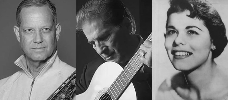 Black and white head shots of Benjamin Boone holding a saxophone, Dr. Juan Serrano playing a guitar and Ann Leonardo Thaxter as a younger woman.