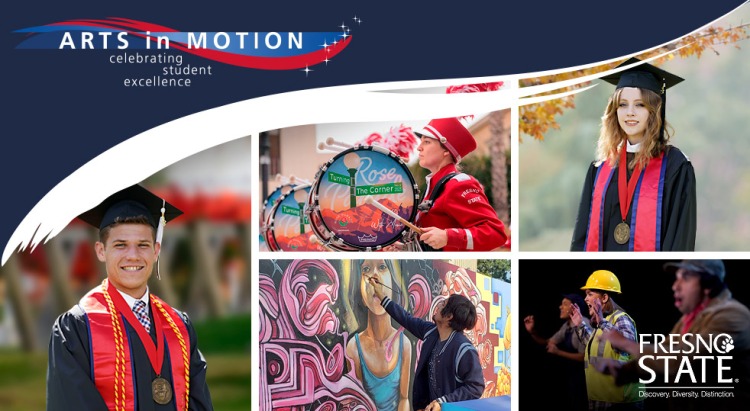 Arts in Motion - Celebrating Student Excellence in the College of Arts and Humanities - photos of Dean's Medalist, marching band, mural painter and actors on stage.
