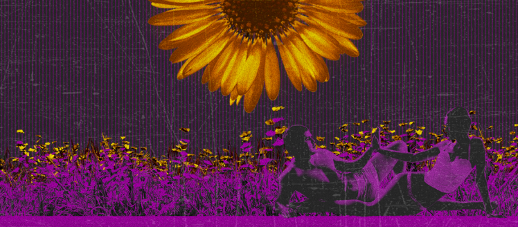 Sunflower over a heavily textured black and purple background with a man and woman in underwear.