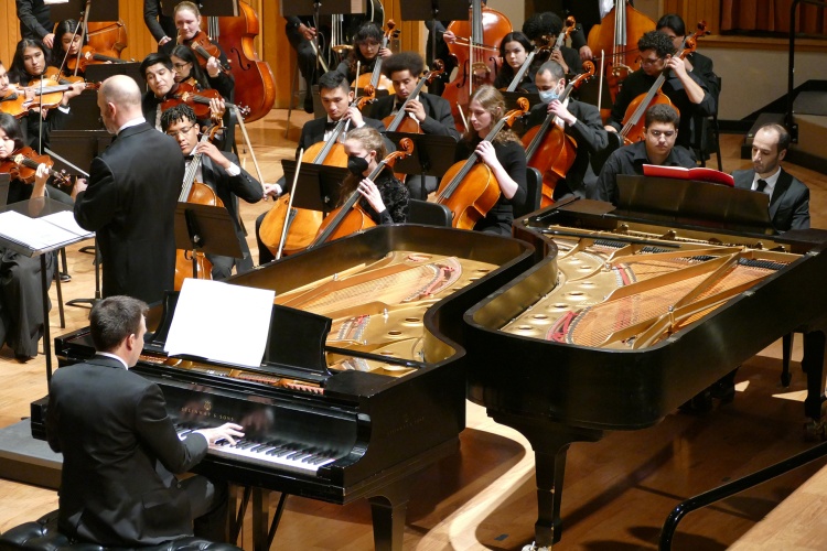 Two grand pianos play with the Fresno State Symphony Orchestra.